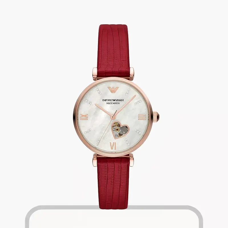 Emporio Armani Automatic MOP White Dial Red Ladies Watch- AR60048